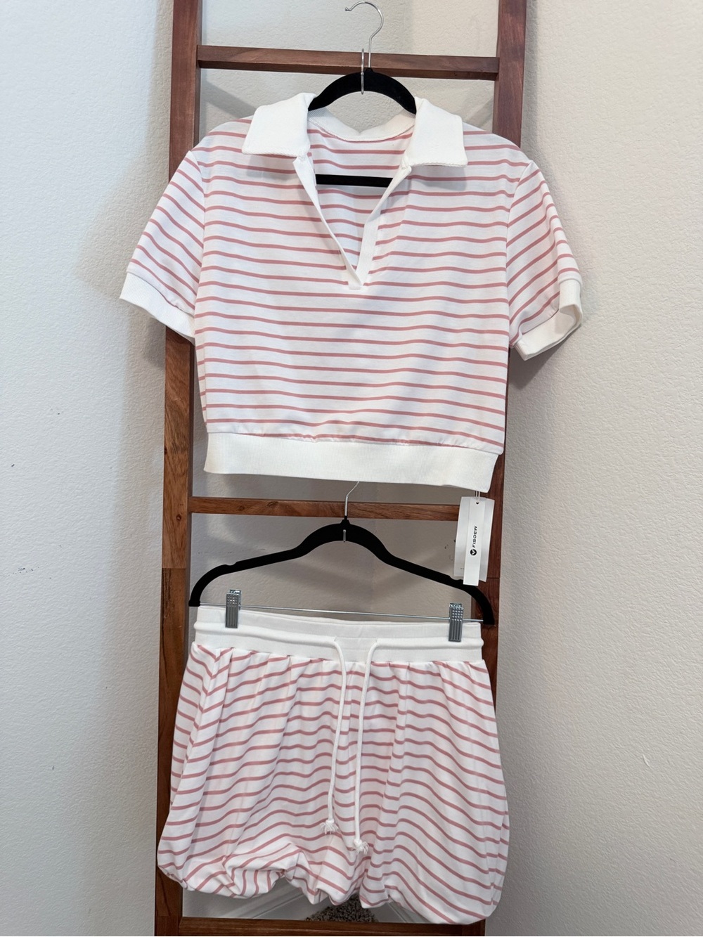 Striped Pink & White Women's Skirt Set — Casual Polo Crop Top & Drawstring Skirt